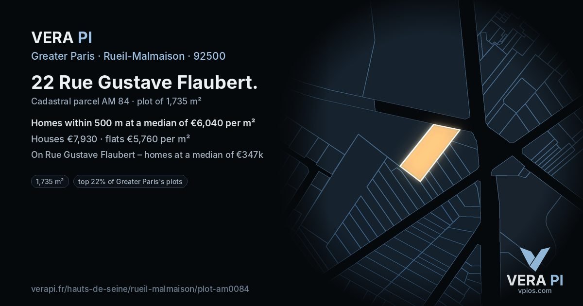 22 Rue Gustave Flaubert, Rueil-Malmaison at night – the plot lit, the parcels around coloured by the prices near them
