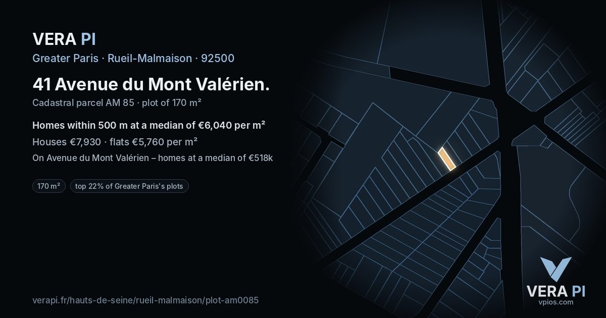 41 Avenue du Mont Valérien, Rueil-Malmaison at night – the plot lit, the parcels around coloured by the prices near them