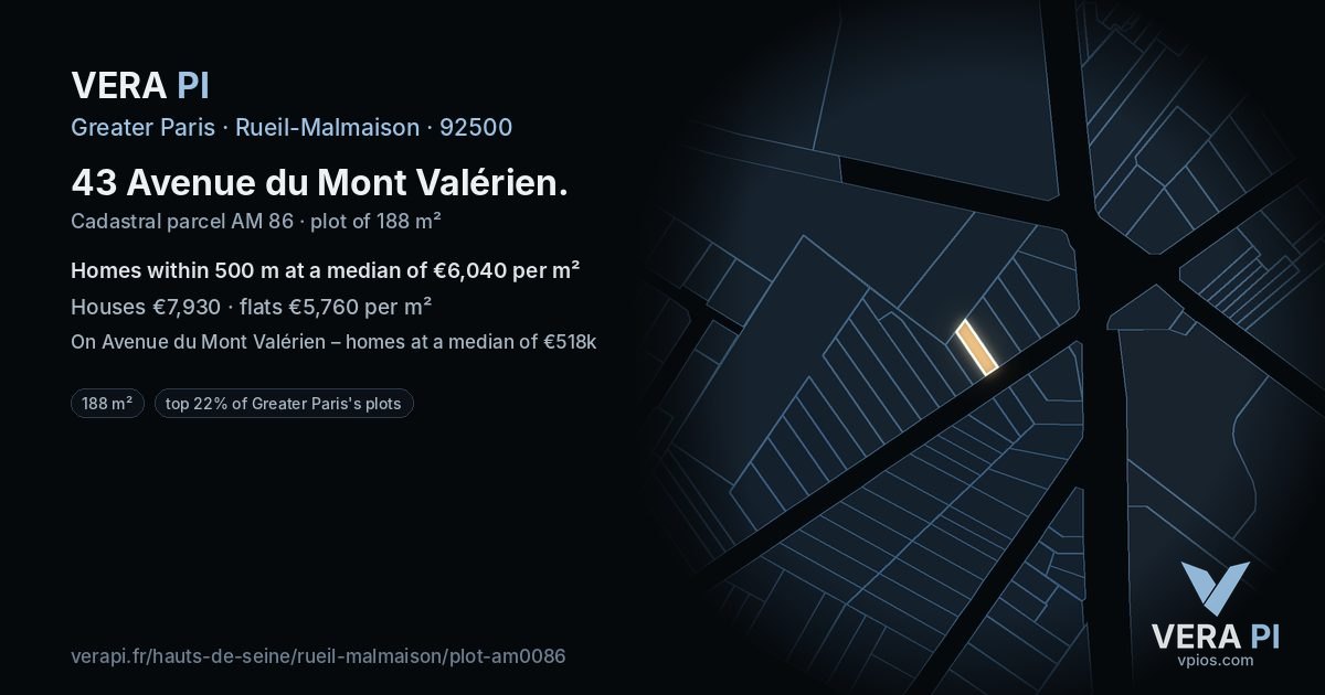 43 Avenue du Mont Valérien, Rueil-Malmaison at night – the plot lit, the parcels around coloured by the prices near them