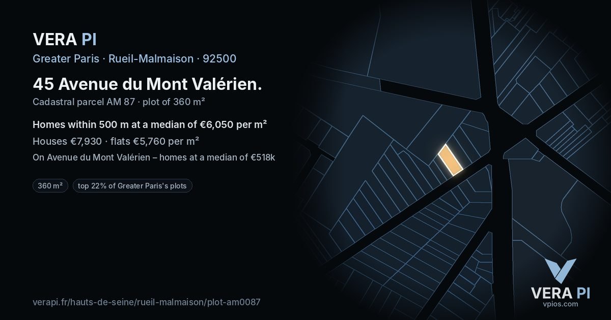 45 Avenue du Mont Valérien, Rueil-Malmaison at night – the plot lit, the parcels around coloured by the prices near them