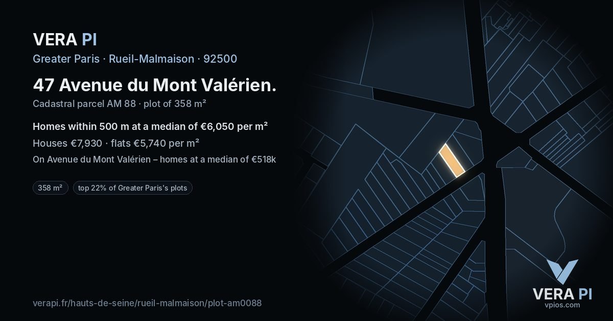 47 Avenue du Mont Valérien, Rueil-Malmaison at night – the plot lit, the parcels around coloured by the prices near them
