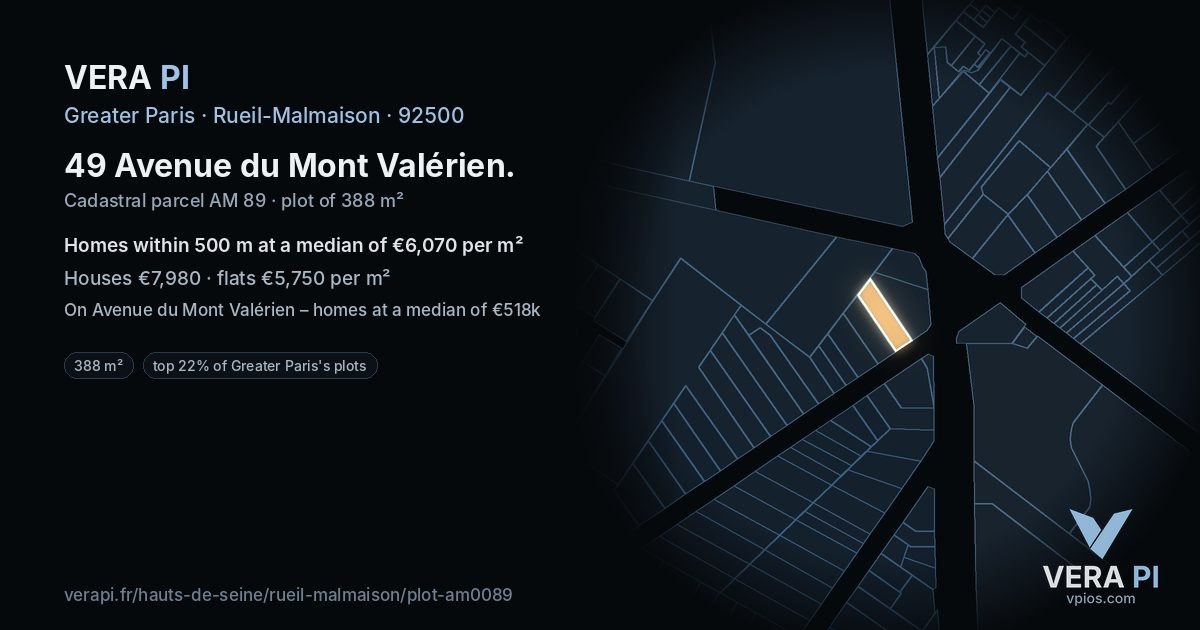 49 Avenue du Mont Valérien, Rueil-Malmaison at night – the plot lit, the parcels around coloured by the prices near them