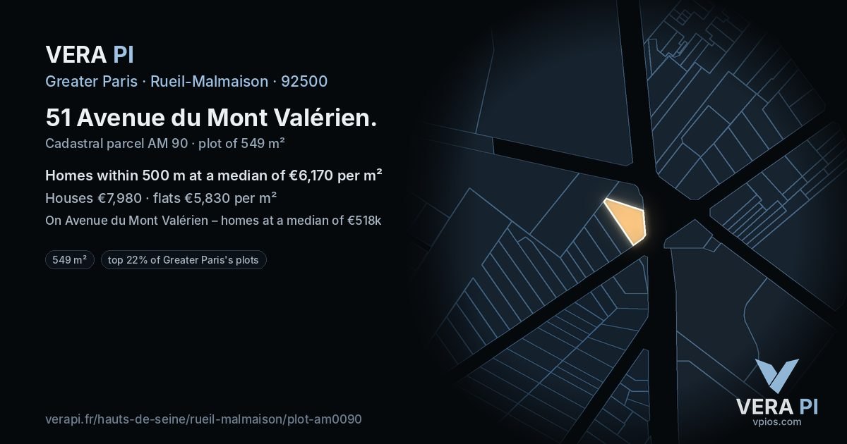 51 Avenue du Mont Valérien, Rueil-Malmaison at night – the plot lit, the parcels around coloured by the prices near them