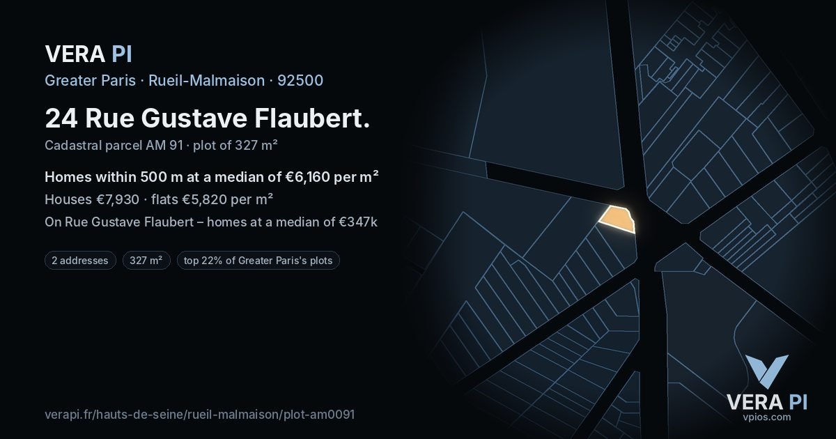 24 Rue Gustave Flaubert, Rueil-Malmaison at night – the plot lit, the parcels around coloured by the prices near them