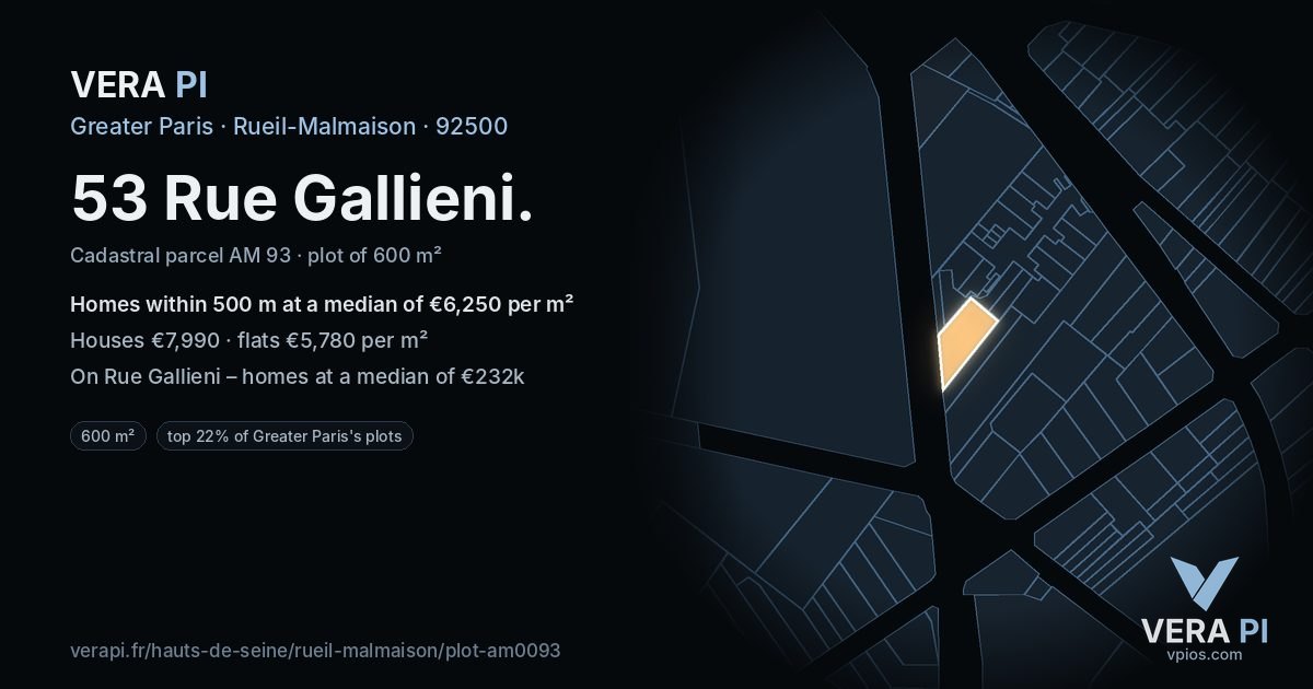 53 Rue Gallieni, Rueil-Malmaison at night – the plot lit, the parcels around coloured by the prices near them