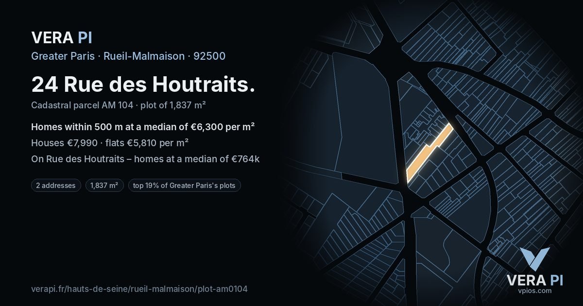 24 Rue des Houtraits, Rueil-Malmaison at night – the plot lit, the parcels around coloured by the prices near them