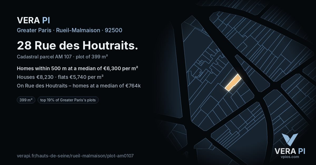 28 Rue des Houtraits, Rueil-Malmaison at night – the plot lit, the parcels around coloured by the prices near them