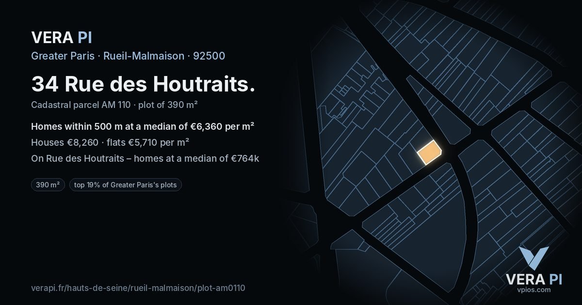34 Rue des Houtraits, Rueil-Malmaison at night – the plot lit, the parcels around coloured by the prices near them