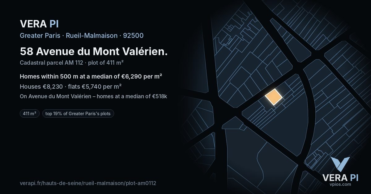 58 Avenue du Mont Valérien, Rueil-Malmaison at night – the plot lit, the parcels around coloured by the prices near them