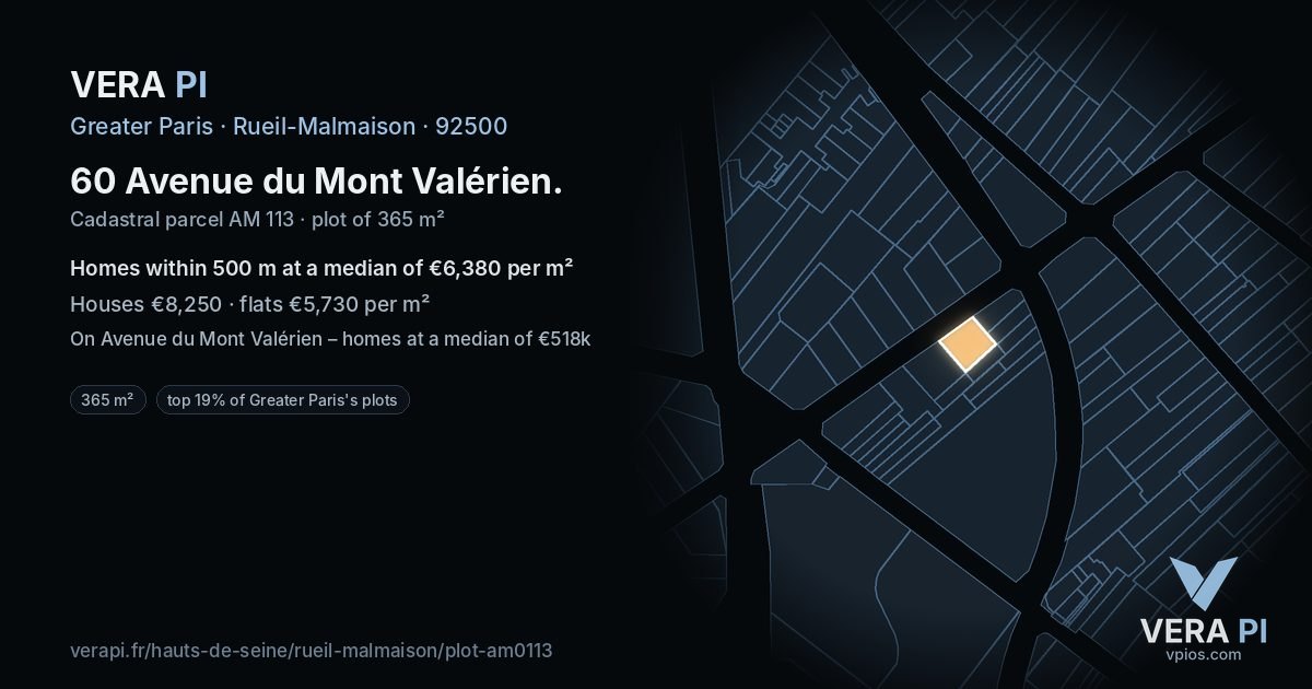 60 Avenue du Mont Valérien, Rueil-Malmaison at night – the plot lit, the parcels around coloured by the prices near them