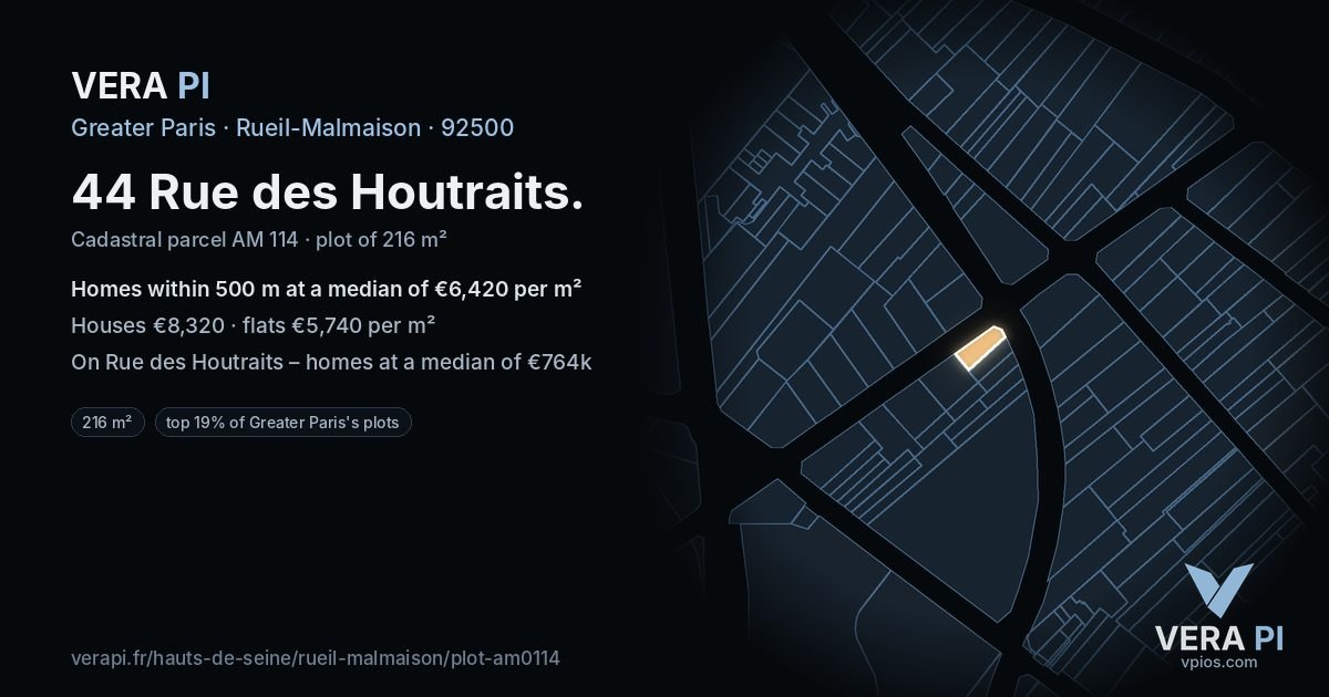44 Rue des Houtraits, Rueil-Malmaison at night – the plot lit, the parcels around coloured by the prices near them