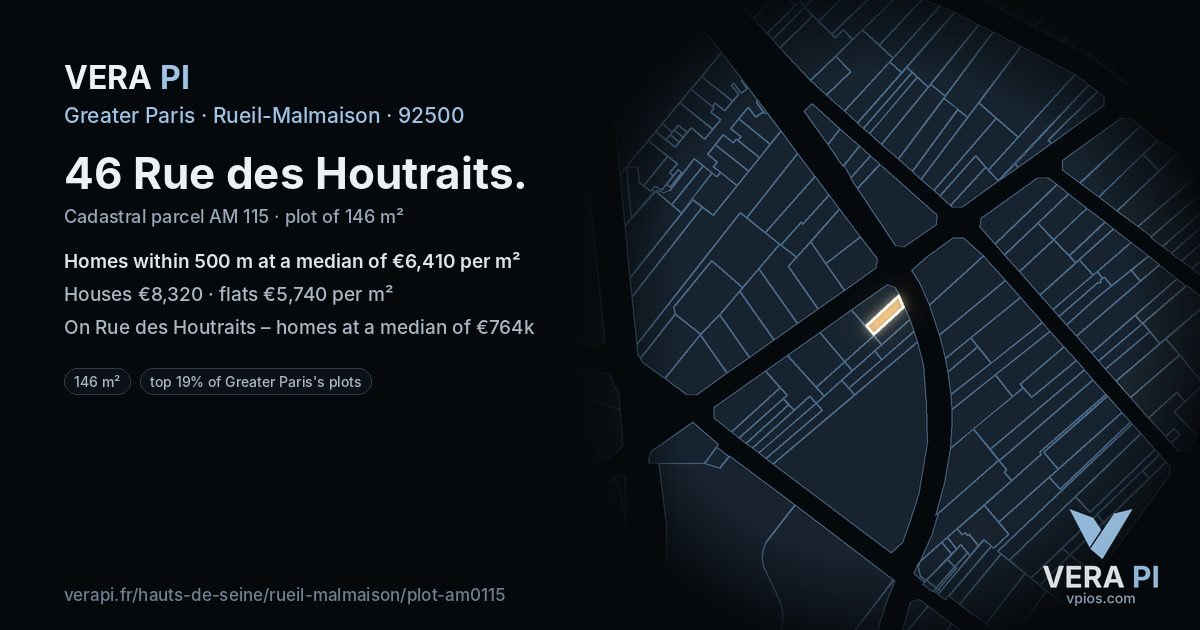 46 Rue des Houtraits, Rueil-Malmaison at night – the plot lit, the parcels around coloured by the prices near them