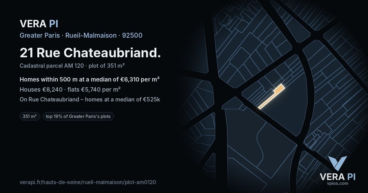 21 Rue Chateaubriand, Rueil-Malmaison at night – the plot lit, the parcels around coloured by the prices near them
