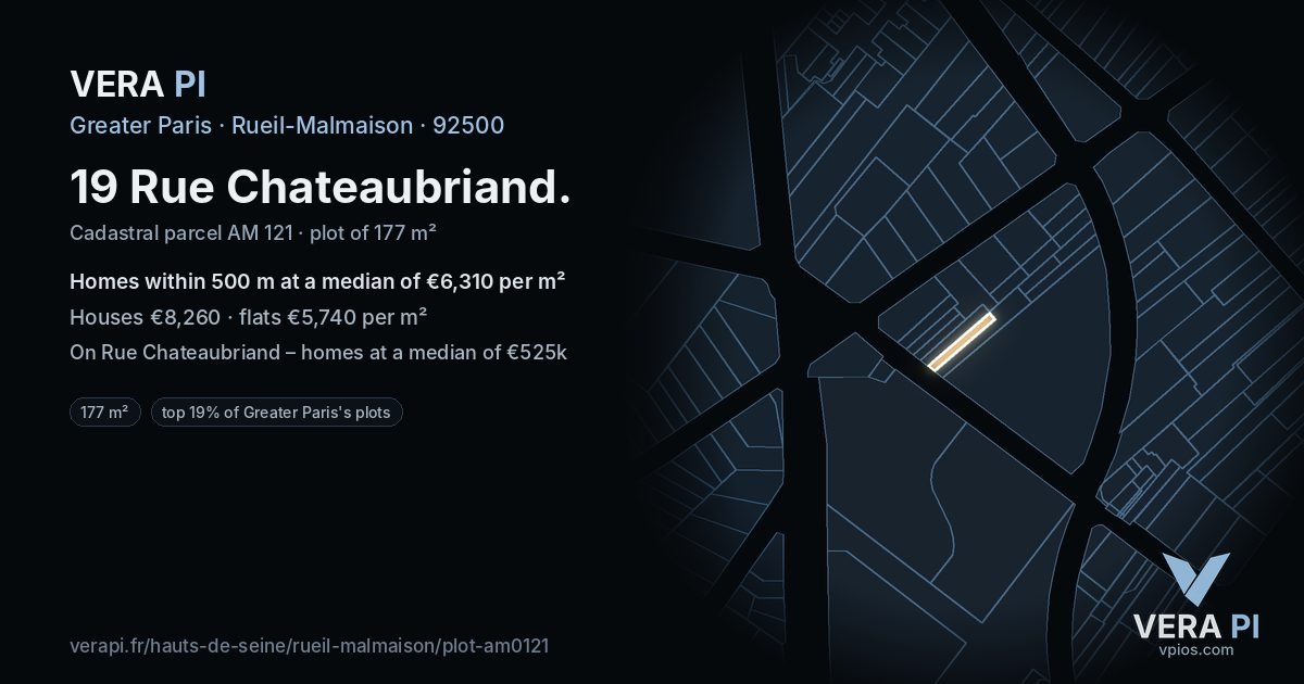 19 Rue Chateaubriand, Rueil-Malmaison at night – the plot lit, the parcels around coloured by the prices near them