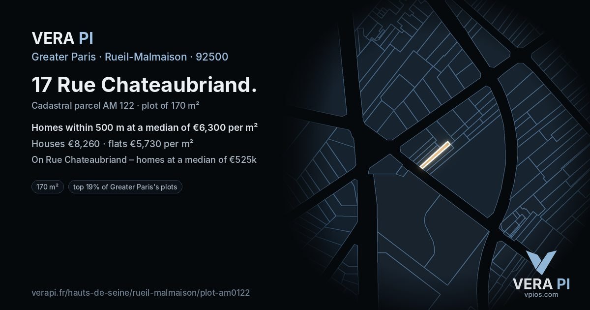 17 Rue Chateaubriand, Rueil-Malmaison at night – the plot lit, the parcels around coloured by the prices near them