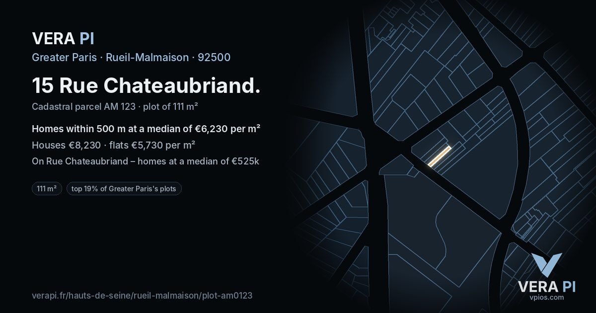 15 Rue Chateaubriand, Rueil-Malmaison at night – the plot lit, the parcels around coloured by the prices near them