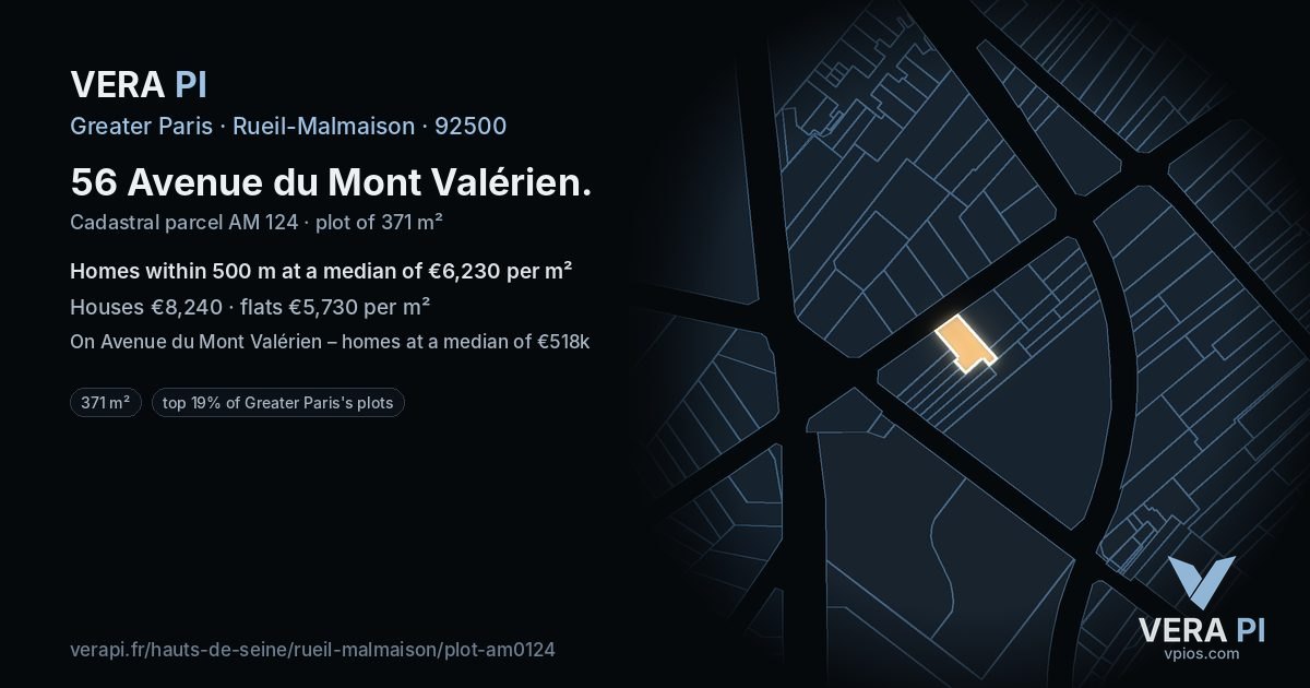 56 Avenue du Mont Valérien, Rueil-Malmaison at night – the plot lit, the parcels around coloured by the prices near them