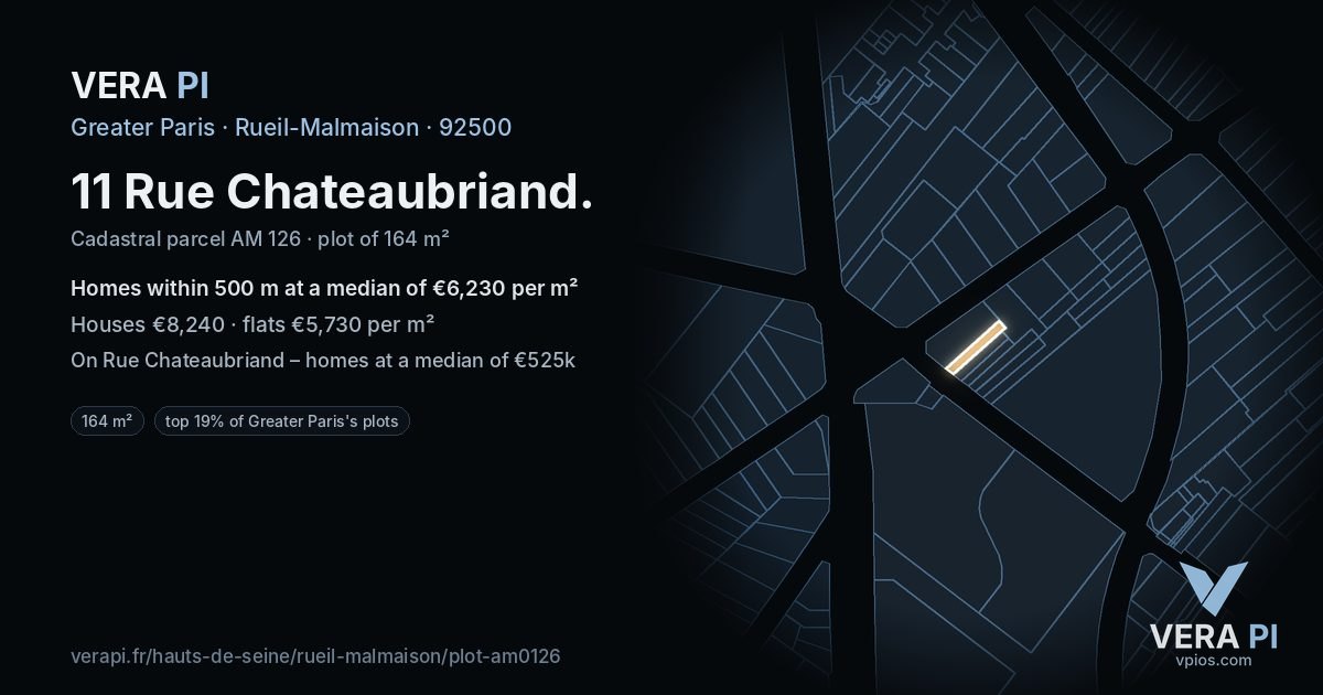 11 Rue Chateaubriand, Rueil-Malmaison at night – the plot lit, the parcels around coloured by the prices near them