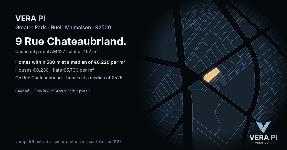 9 Rue Chateaubriand, Rueil-Malmaison at night – the plot lit, the parcels around coloured by the prices near them