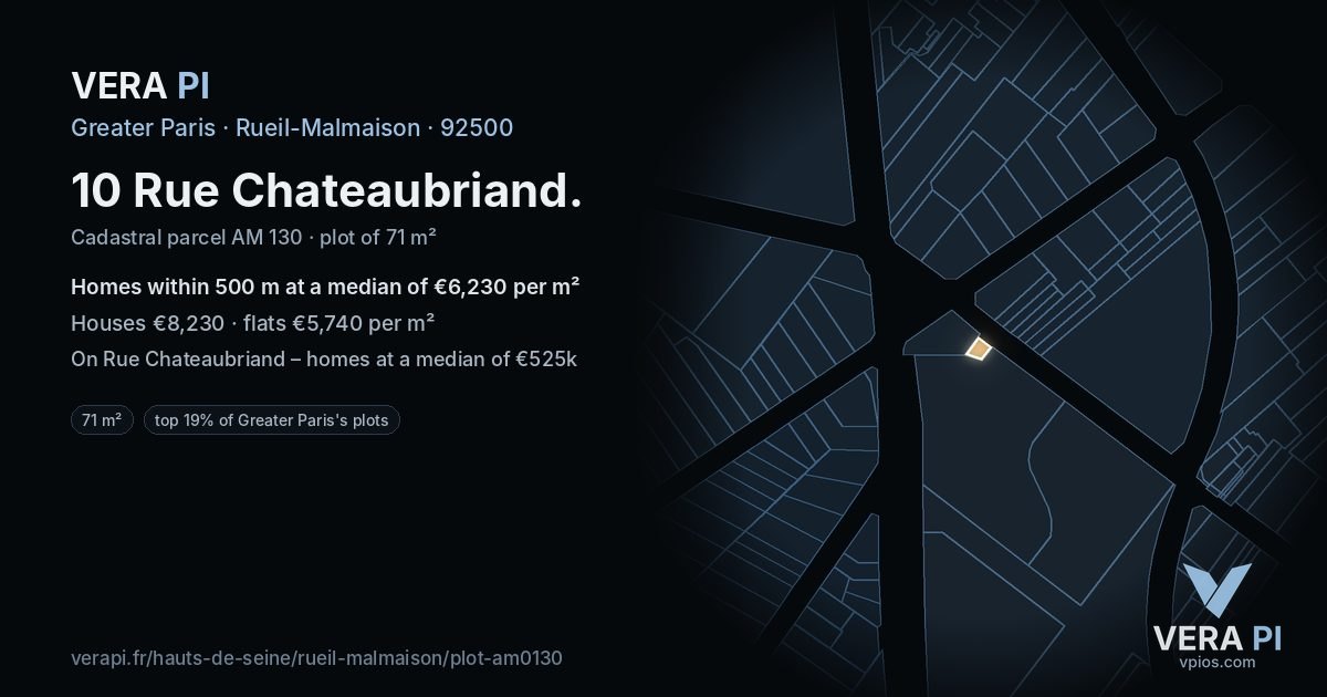 10 Rue Chateaubriand, Rueil-Malmaison at night – the plot lit, the parcels around coloured by the prices near them