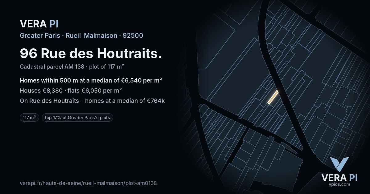 96 Rue des Houtraits, Rueil-Malmaison at night – the plot lit, the parcels around coloured by the prices near them