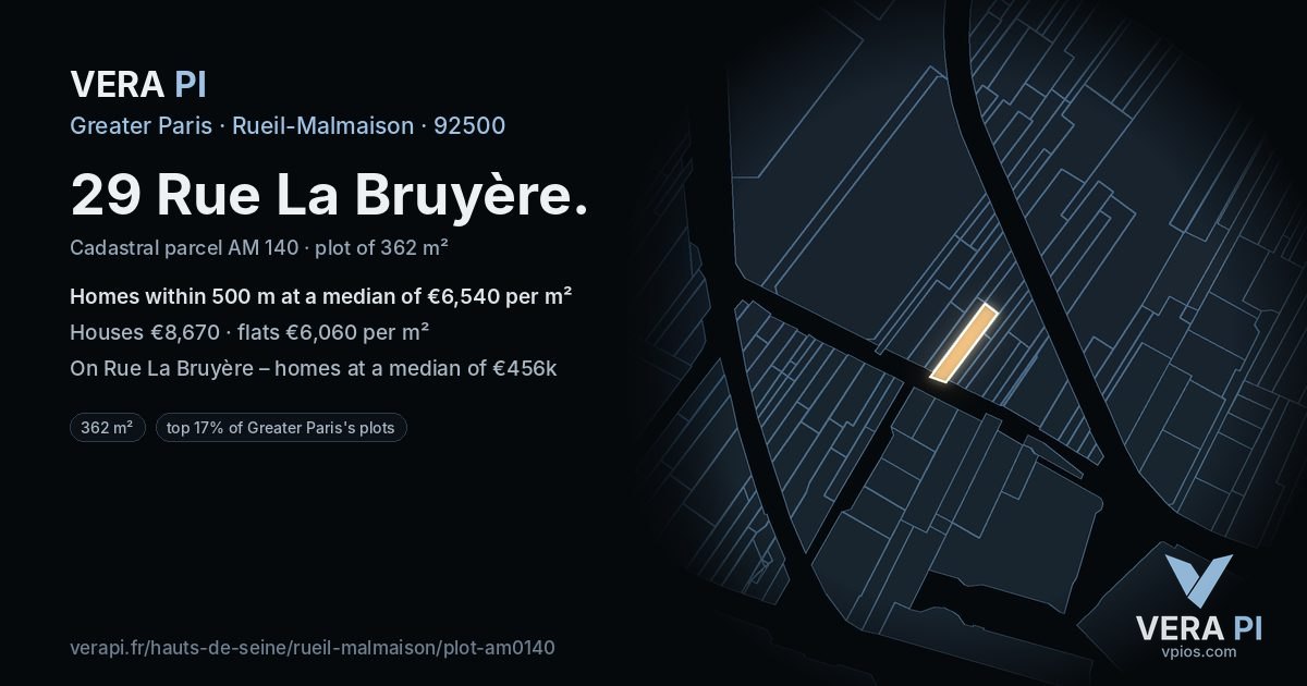 29 Rue La Bruyère, Rueil-Malmaison at night – the plot lit, the parcels around coloured by the prices near them