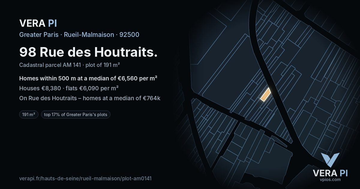 98 Rue des Houtraits, Rueil-Malmaison at night – the plot lit, the parcels around coloured by the prices near them