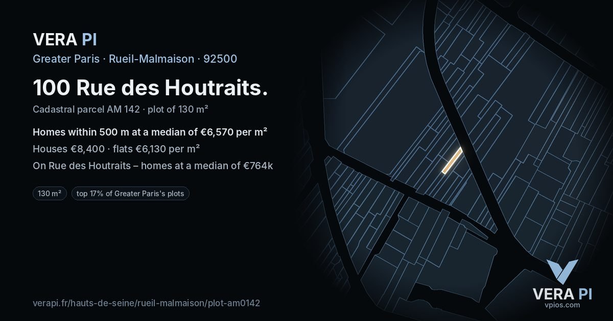 100 Rue des Houtraits, Rueil-Malmaison at night – the plot lit, the parcels around coloured by the prices near them