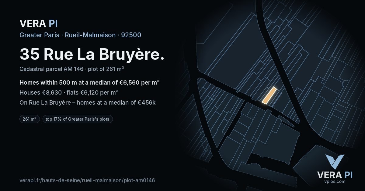 35 Rue La Bruyère, Rueil-Malmaison at night – the plot lit, the parcels around coloured by the prices near them