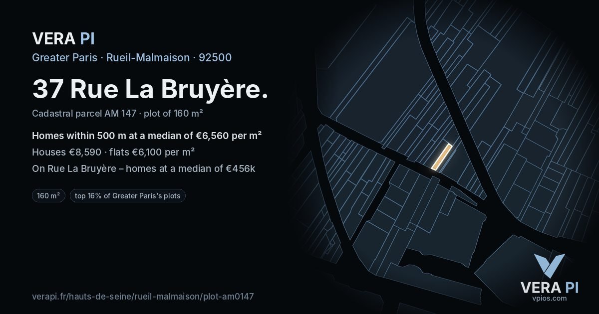 37 Rue La Bruyère, Rueil-Malmaison at night – the plot lit, the parcels around coloured by the prices near them