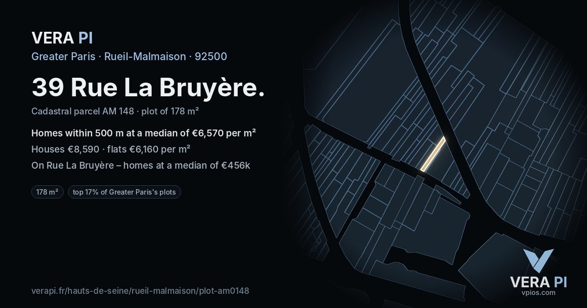 39 Rue La Bruyère, Rueil-Malmaison at night – the plot lit, the parcels around coloured by the prices near them