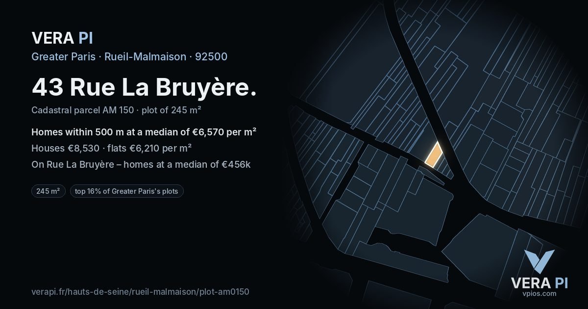 43 Rue La Bruyère, Rueil-Malmaison at night – the plot lit, the parcels around coloured by the prices near them