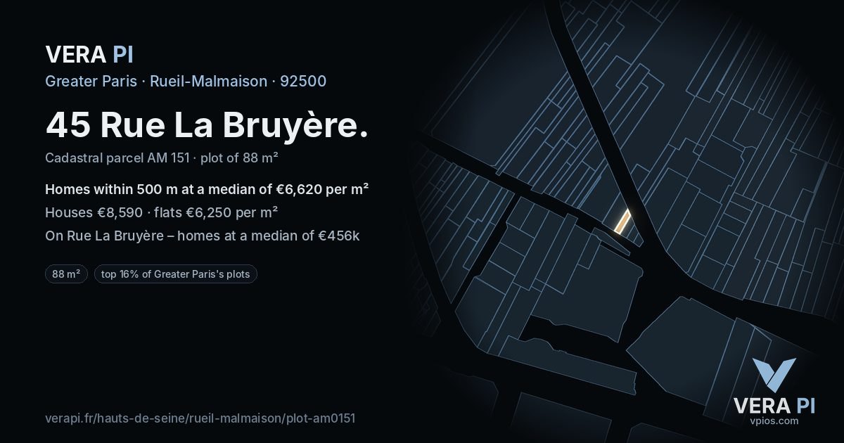 45 Rue La Bruyère, Rueil-Malmaison at night – the plot lit, the parcels around coloured by the prices near them