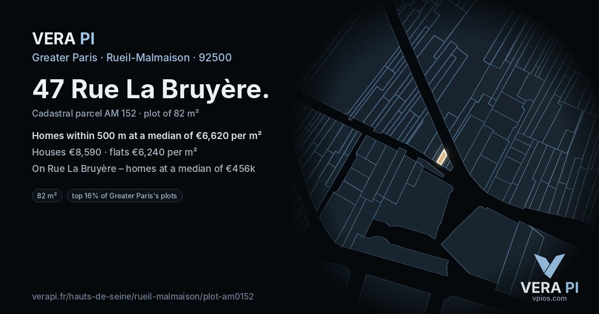 47 Rue La Bruyère, Rueil-Malmaison at night – the plot lit, the parcels around coloured by the prices near them