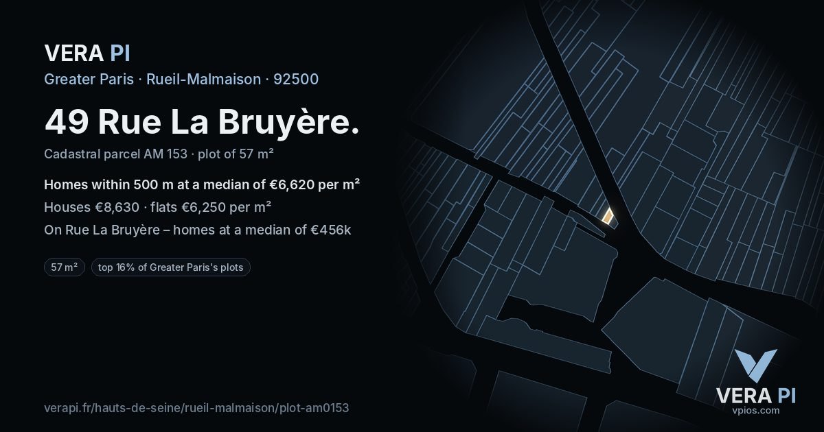 49 Rue La Bruyère, Rueil-Malmaison at night – the plot lit, the parcels around coloured by the prices near them