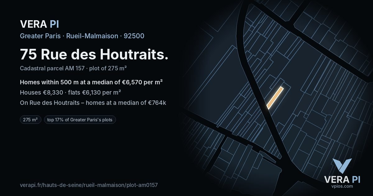 75 Rue des Houtraits, Rueil-Malmaison at night – the plot lit, the parcels around coloured by the prices near them