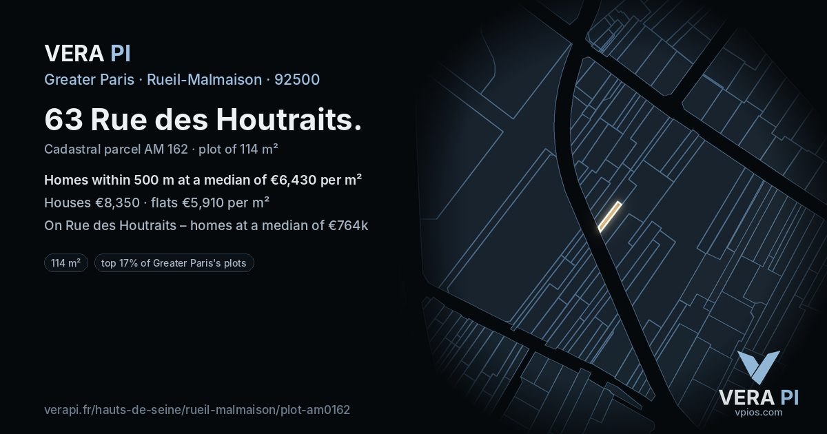 63 Rue des Houtraits, Rueil-Malmaison at night – the plot lit, the parcels around coloured by the prices near them