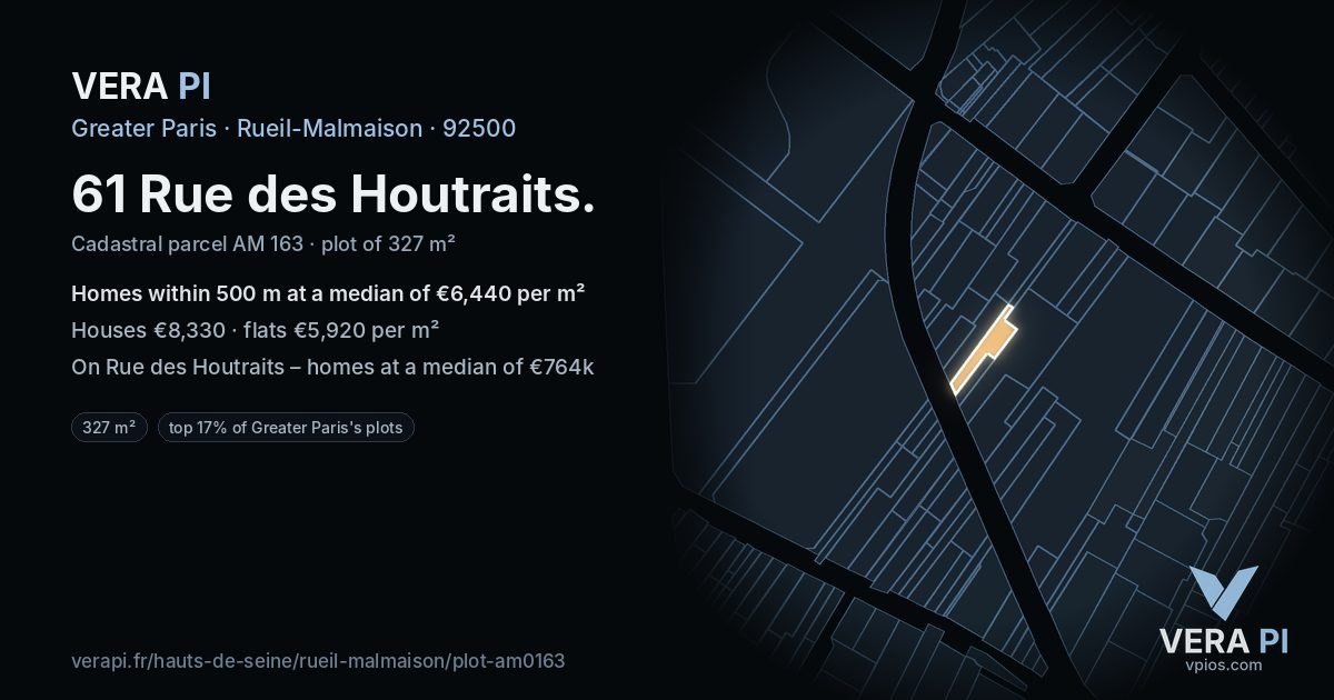 61 Rue des Houtraits, Rueil-Malmaison at night – the plot lit, the parcels around coloured by the prices near them