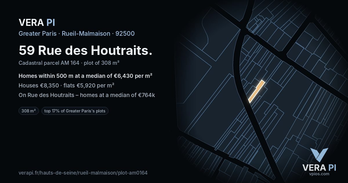 59 Rue des Houtraits, Rueil-Malmaison at night – the plot lit, the parcels around coloured by the prices near them