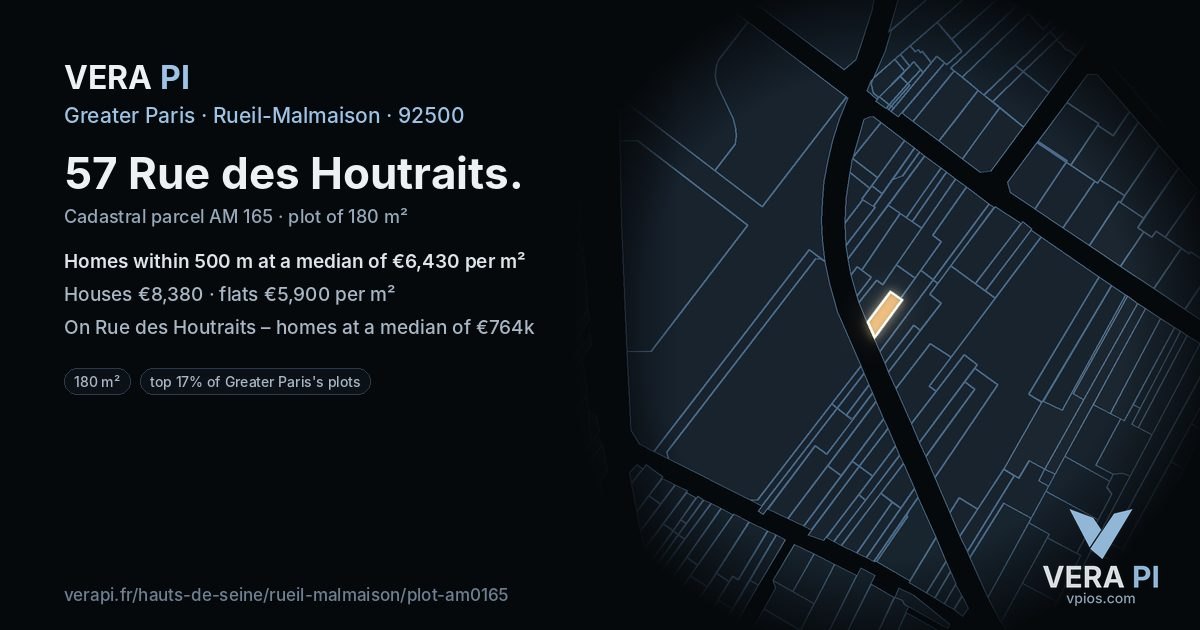 57 Rue des Houtraits, Rueil-Malmaison at night – the plot lit, the parcels around coloured by the prices near them