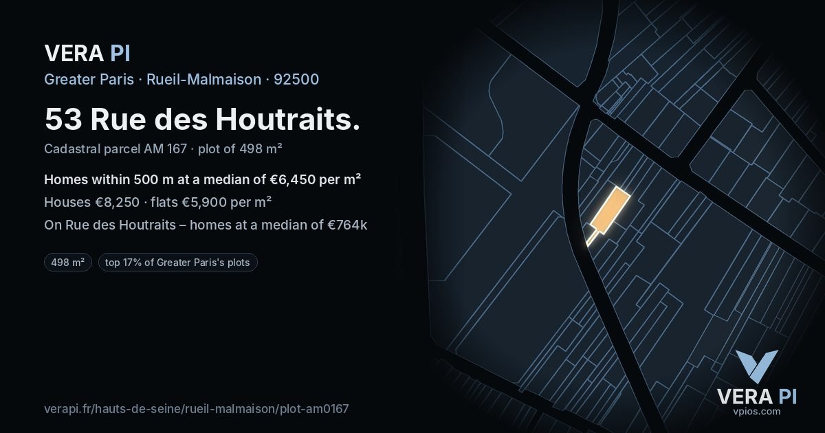 53 Rue des Houtraits, Rueil-Malmaison at night – the plot lit, the parcels around coloured by the prices near them