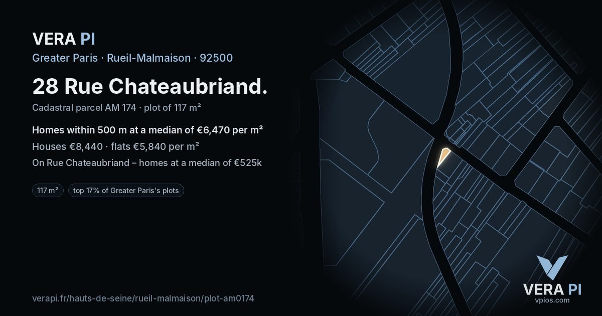 28 Rue Chateaubriand, Rueil-Malmaison at night – the plot lit, the parcels around coloured by the prices near them