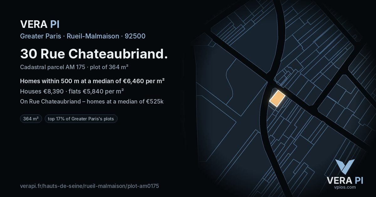 30 Rue Chateaubriand, Rueil-Malmaison at night – the plot lit, the parcels around coloured by the prices near them