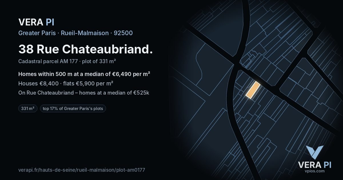 38 Rue Chateaubriand, Rueil-Malmaison at night – the plot lit, the parcels around coloured by the prices near them