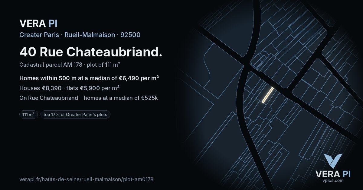 40 Rue Chateaubriand, Rueil-Malmaison at night – the plot lit, the parcels around coloured by the prices near them
