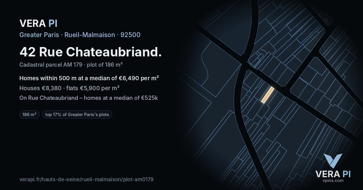 42 Rue Chateaubriand, Rueil-Malmaison at night – the plot lit, the parcels around coloured by the prices near them