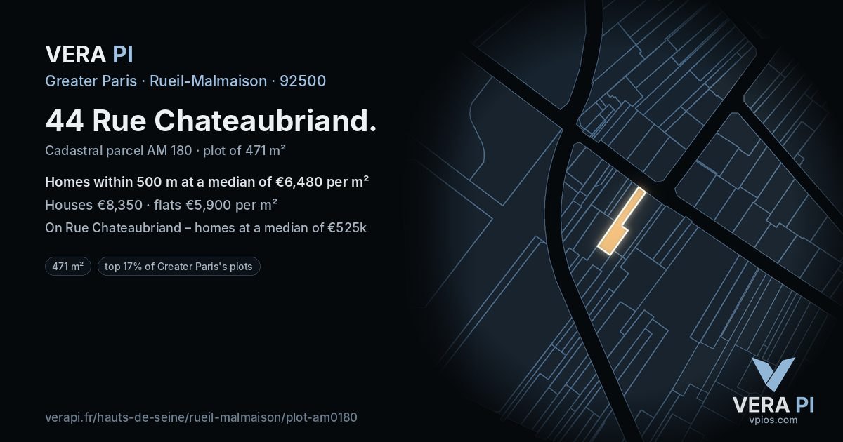 44 Rue Chateaubriand, Rueil-Malmaison at night – the plot lit, the parcels around coloured by the prices near them