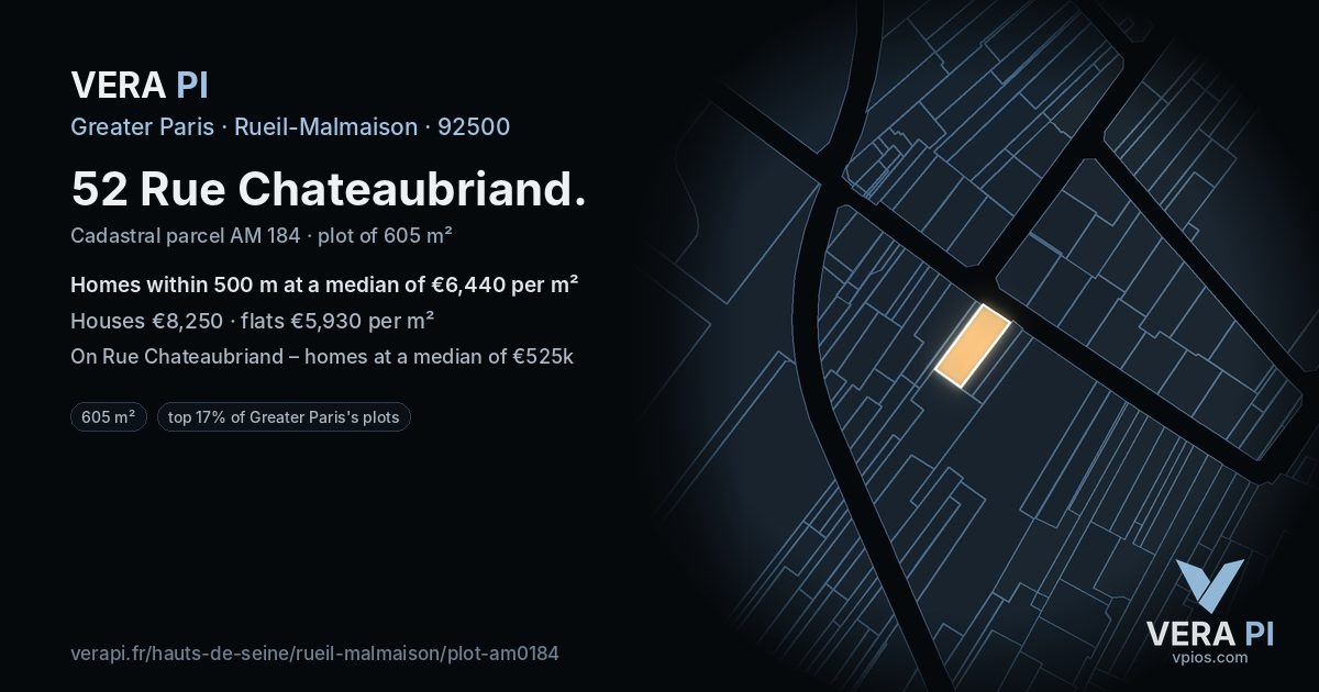 52 Rue Chateaubriand, Rueil-Malmaison at night – the plot lit, the parcels around coloured by the prices near them