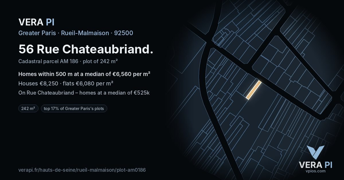 56 Rue Chateaubriand, Rueil-Malmaison at night – the plot lit, the parcels around coloured by the prices near them