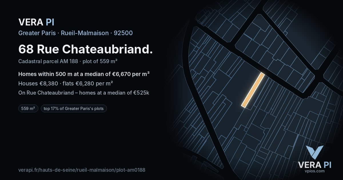 68 Rue Chateaubriand, Rueil-Malmaison at night – the plot lit, the parcels around coloured by the prices near them